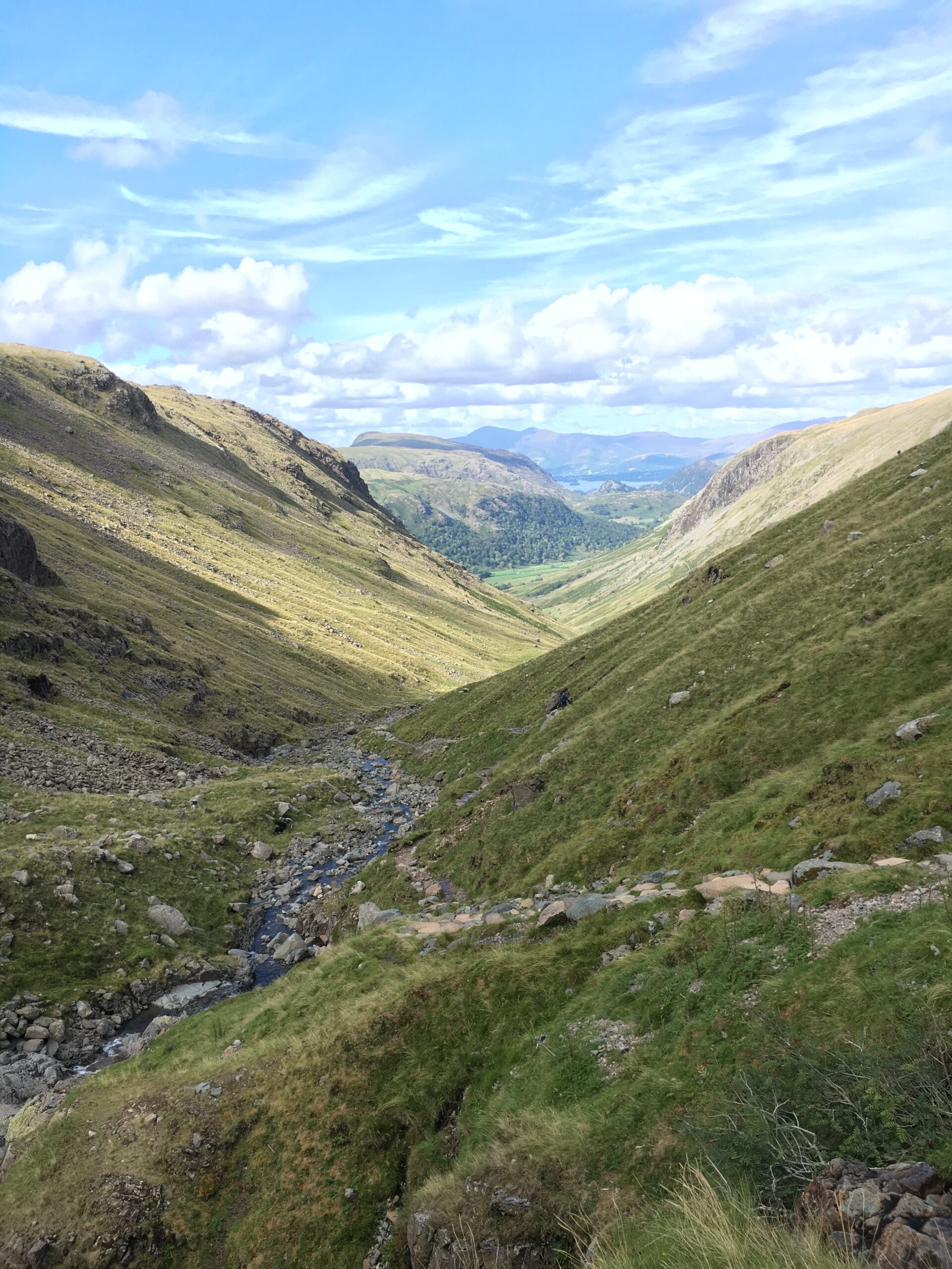 A long green valley with a stream running through it